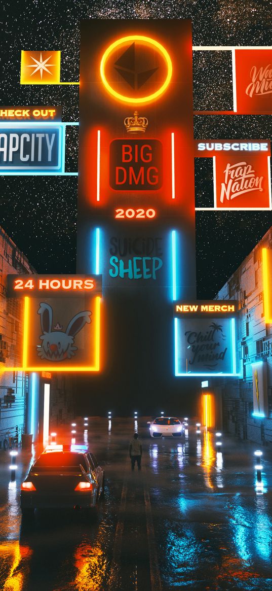 banners, advertising, neon, car, man, city, starry sky, night, digital art