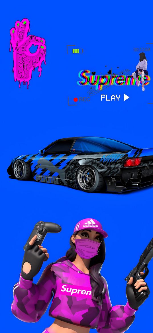 sports car, car, girl, joystick, pistol, supreme, like, blue background, digital art