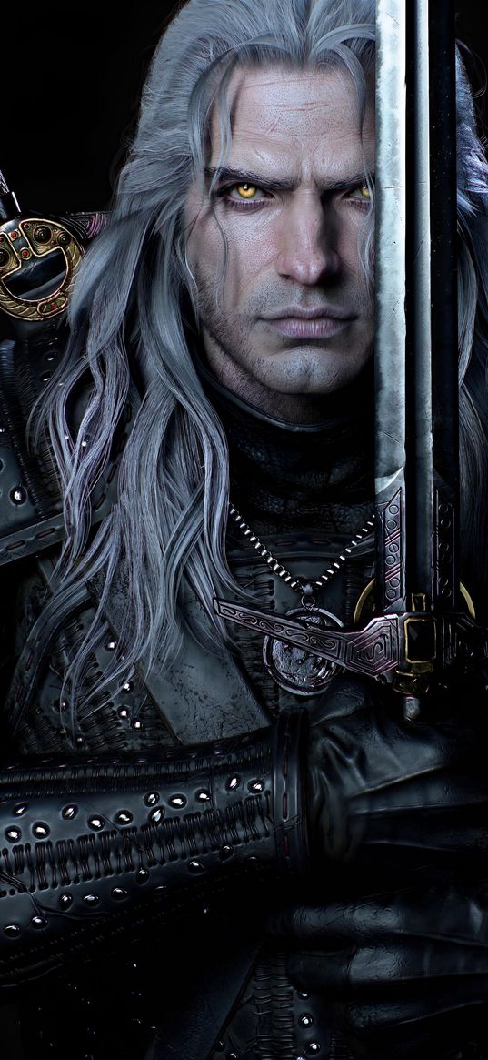 geralt, the witcher, video game, henry cavill, yellow eyes, man, gray, sword, medallion