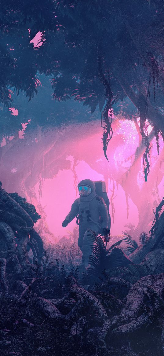 cosmonaut, jungle, plants, pink light, digital art