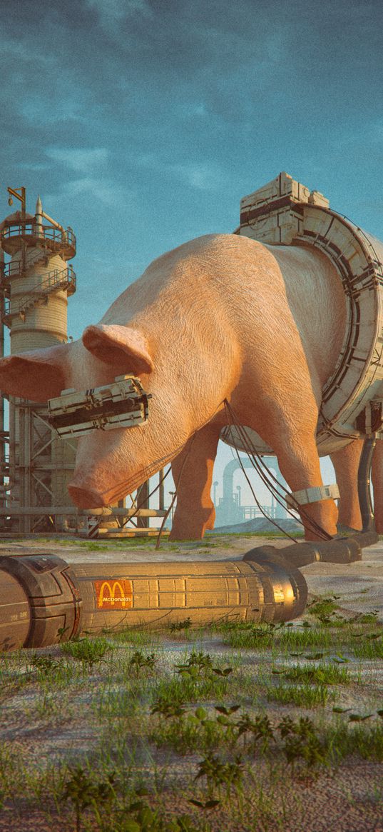 pig, plant, mechanism, pipe, fiction, digital art