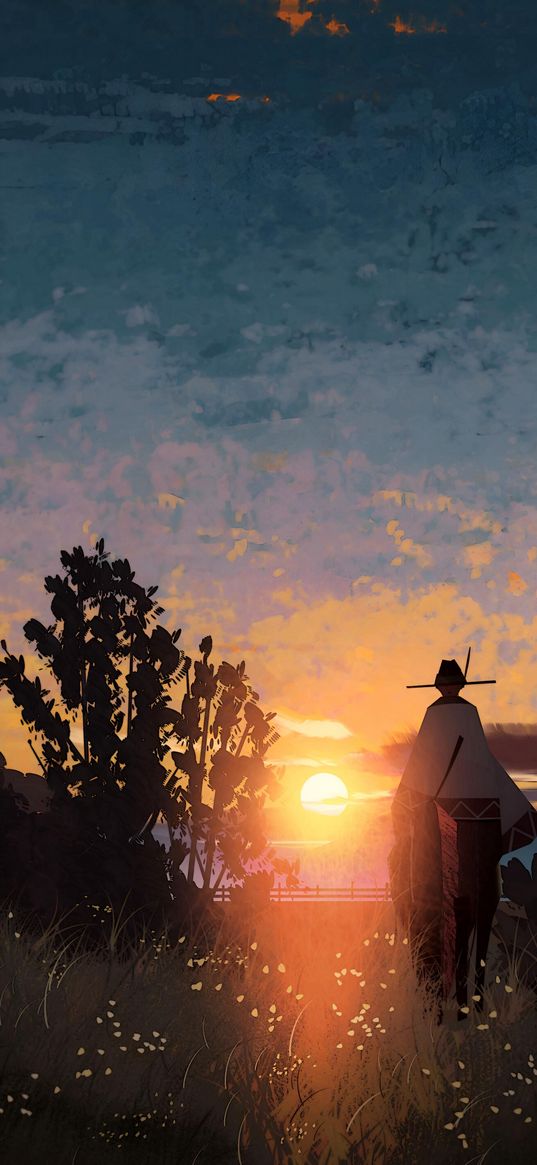 man, hat, poncho, sun, sunset, evening, drawing, art