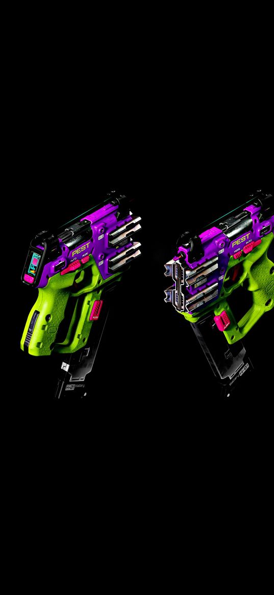 pistols, weapons, cyberpunk, bright, colorful, black background