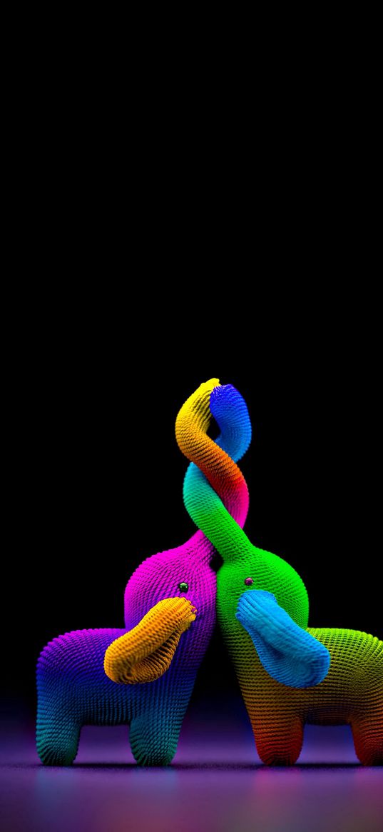 elephants, trunk, plexus, bright, multicolored, black background, digital art