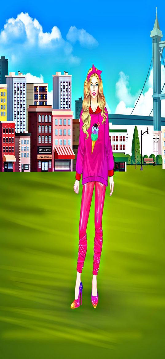 blonde, girl, pink suit, glamour, city, bright, colorful, digital art