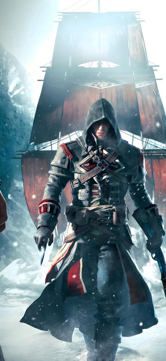 assassin, assassin creed, video game, man, hood, dagger, ship, winter, poster