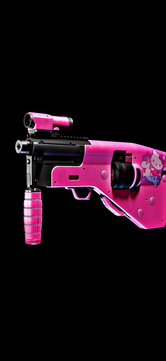 pistol, gun, pink, hello kitty, black background