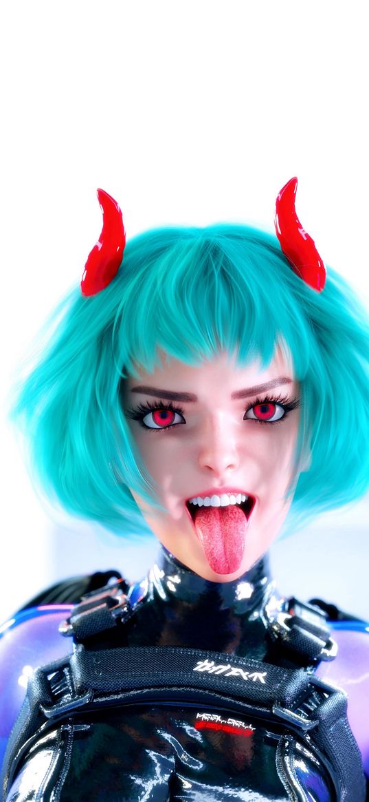 girl, horns, tongue, red eyes, blue hair, digital art