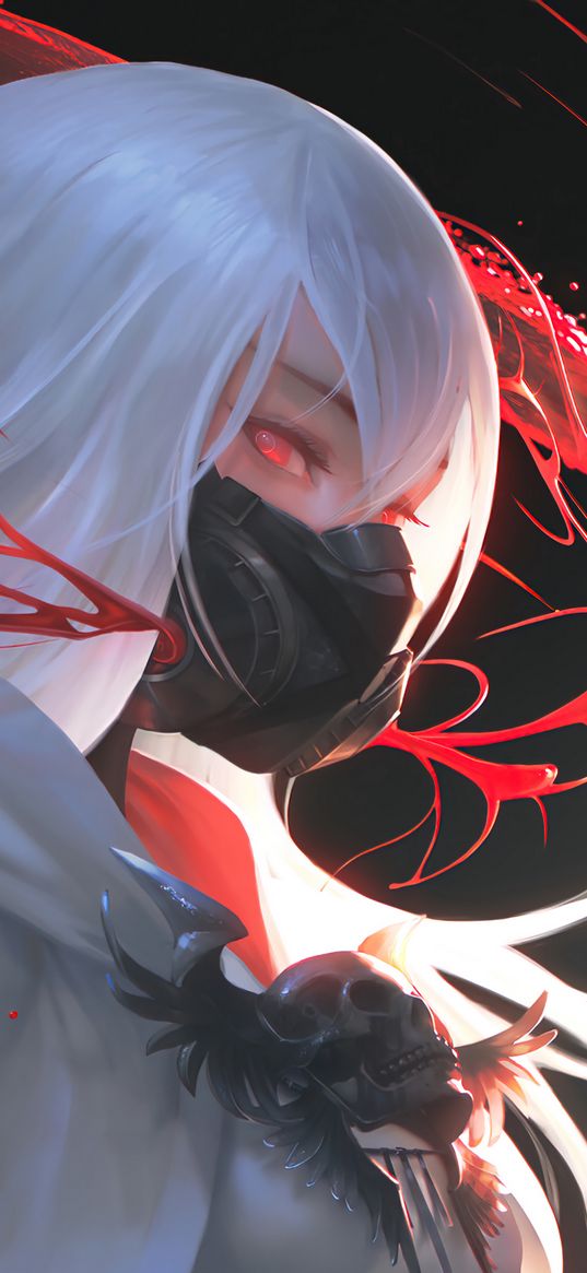 white hair, red eyes, mask, girl, anime