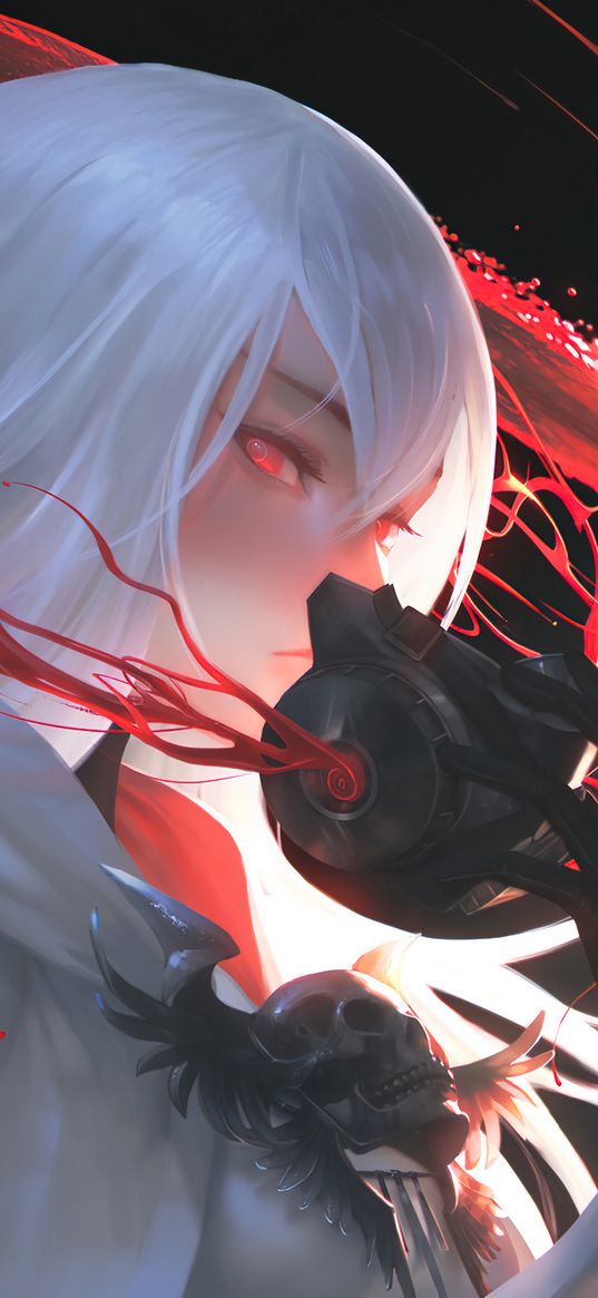 white hair, red eyes, mask, girl, anime, skull