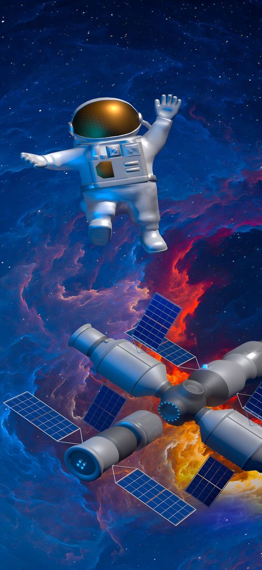 astronaut, iss, station, space, stars, cartoon, art