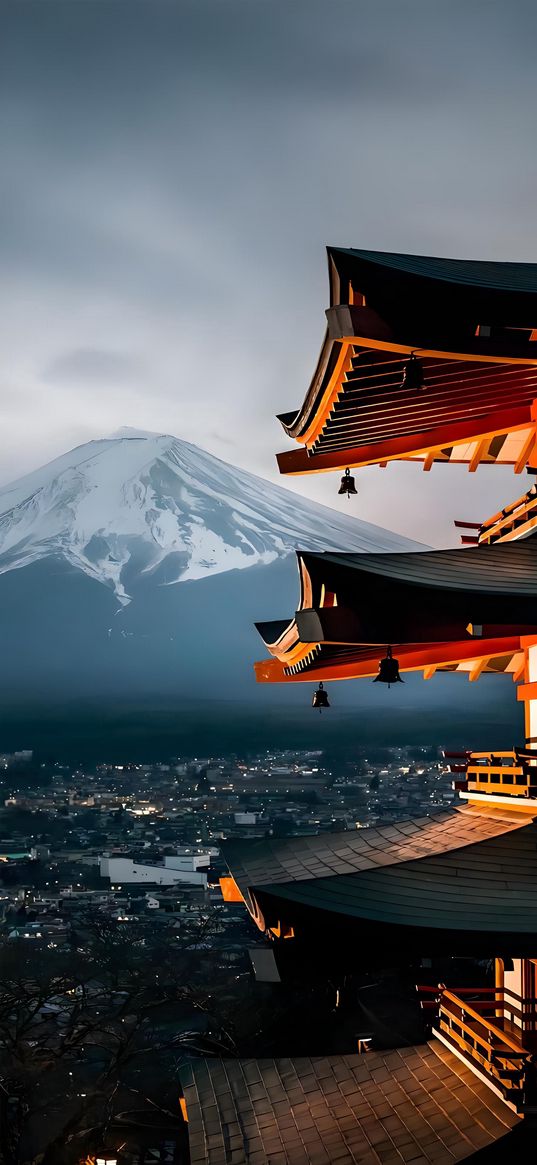 japan, mountain, house, pagoda, architecture, history, view