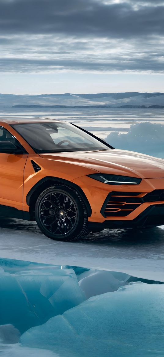 lamborghini, lamborghini urus, auto, orange auto, suv, winter, ice