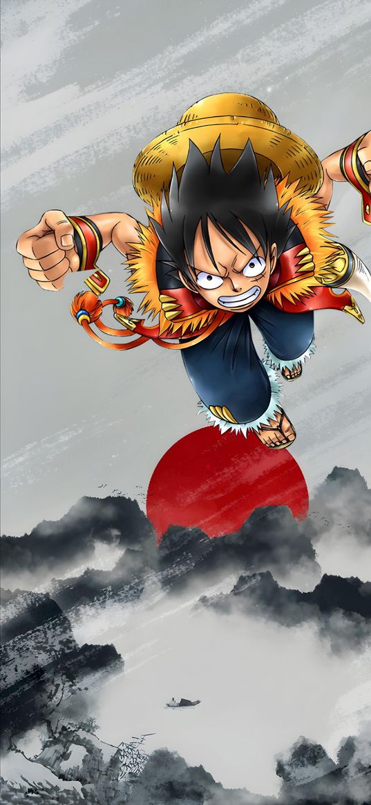 one piece, luffy, jump, japan, mountains, fog, anime, art