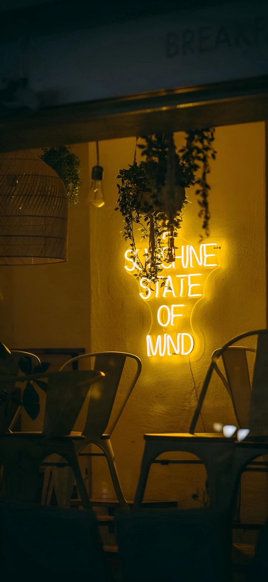 cafe, chairs, neon, light, sign, atmosphere, aesthetics