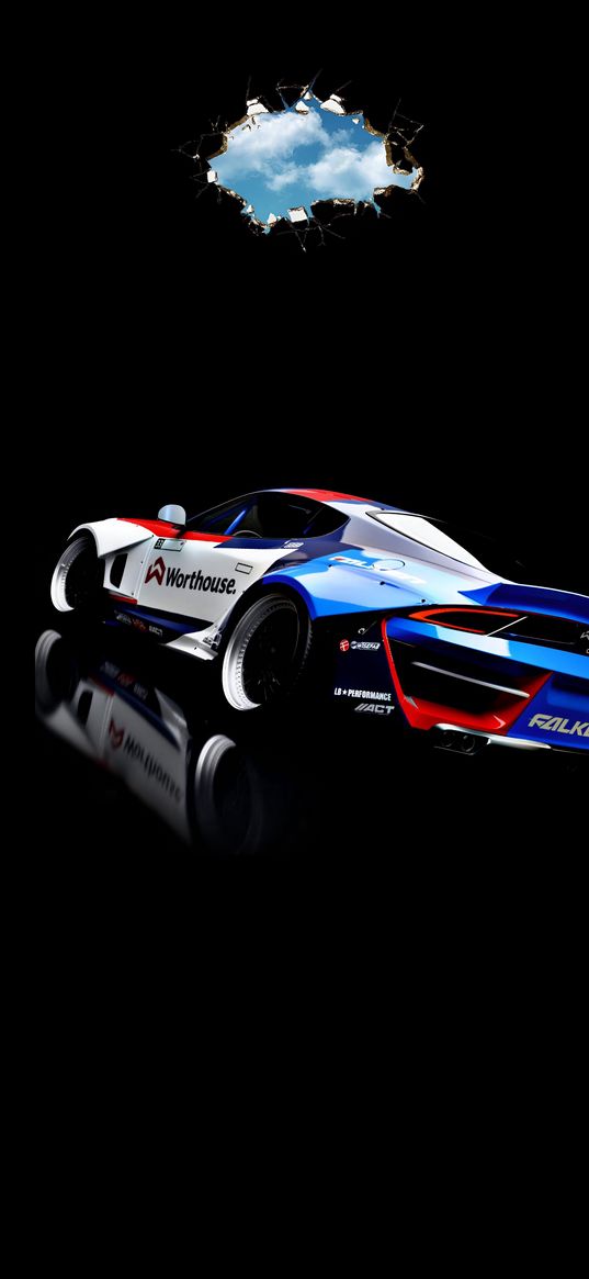 car, sports car, white, blue, red, black background, hole, sky, digital art