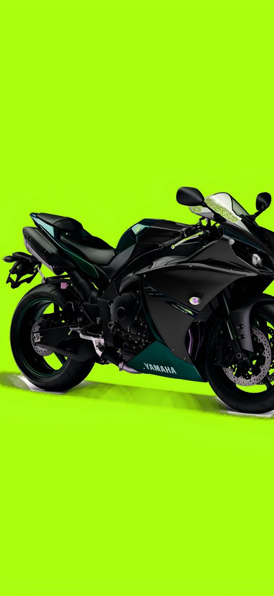 motorcycle, bike, yamaha, black, green background, digital art