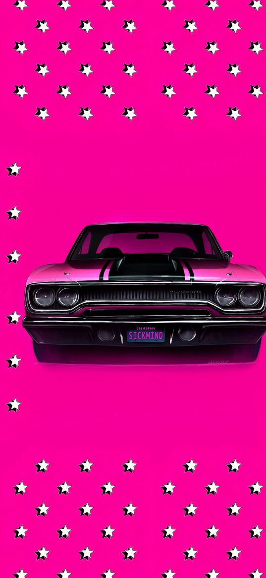 car, retro, stars, pink background, digital art