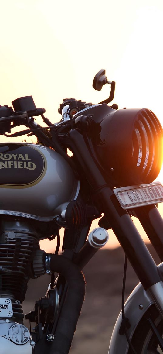 royal enfield, motorcycle, sunset, black