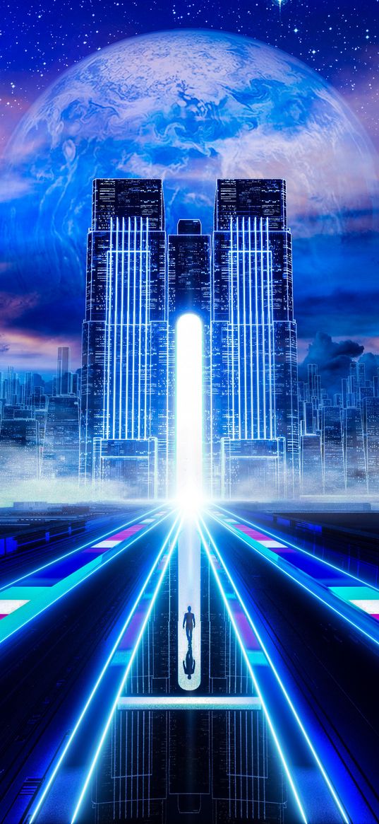 road, skyscraper, planet, bright light, blue, fantasy, digital art