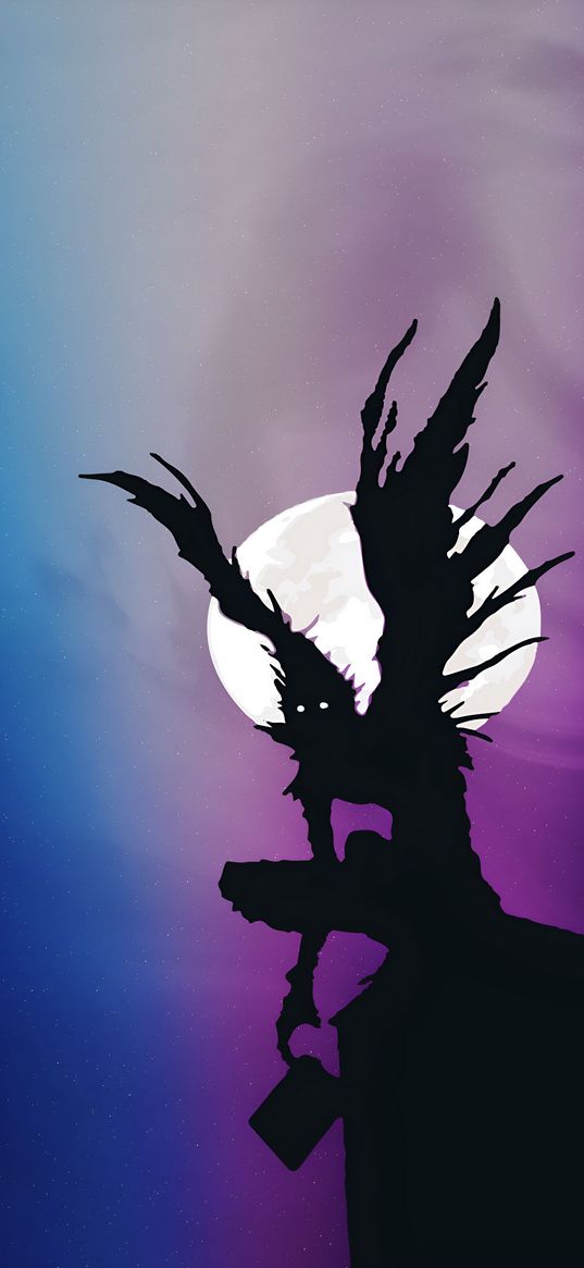 ryuk, god of death, death note, wings, moon, night, sky, anime