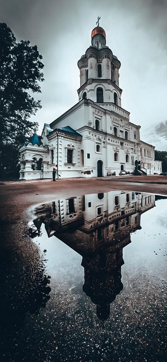 church, sky, city, puddle, reflection