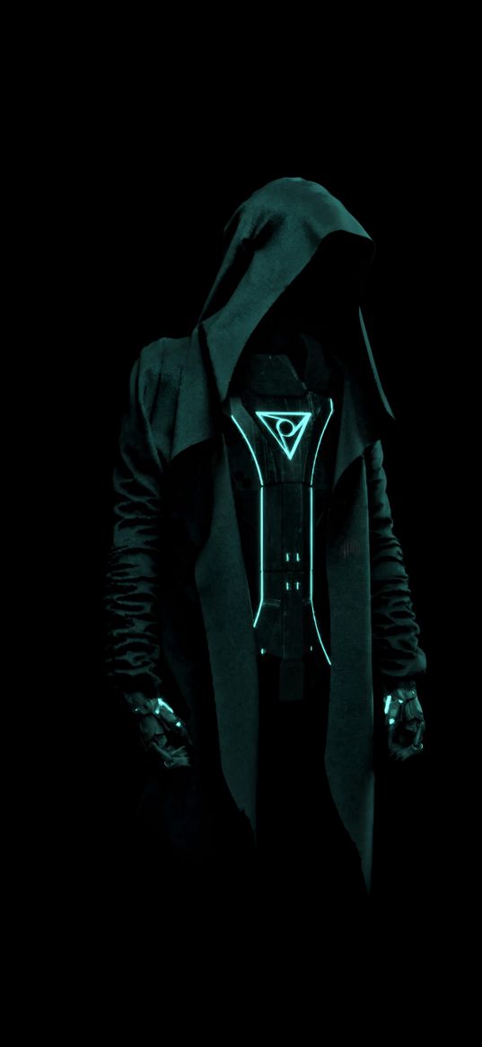 guy, hood, cape, hands, mechanism, green light, black background, digital art