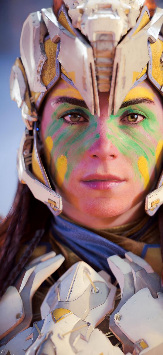 eloy, horizon, forbidden west, games, girl, warrior, face painting, armor