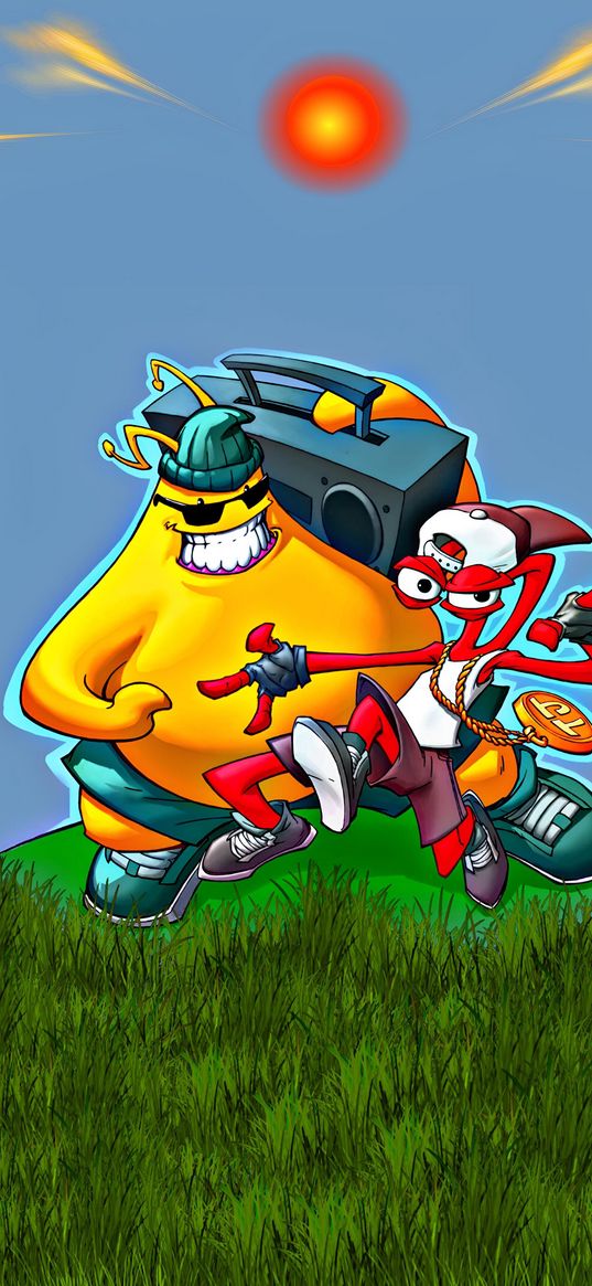 toejam & earl, games, characters, monsters, field, grass, sky, bright, colorful, art