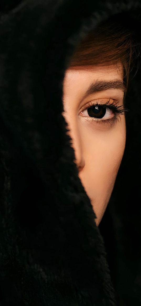 girl, fur coat, hood, brown eyes, beautiful, sad