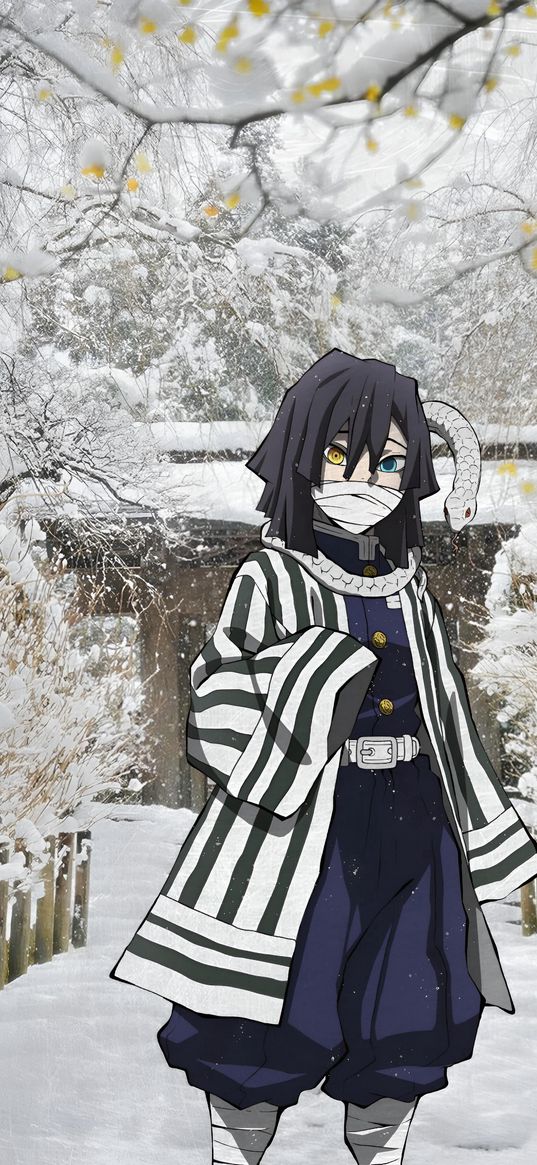 iguro, demon slayer, anime, guy, snake, mask, snow, winter, art