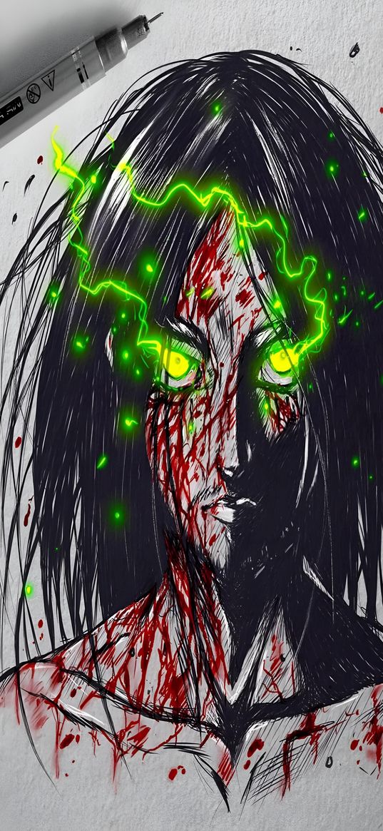 eren yeager, attack on titan, anime, guy, green eyes, drawing, art