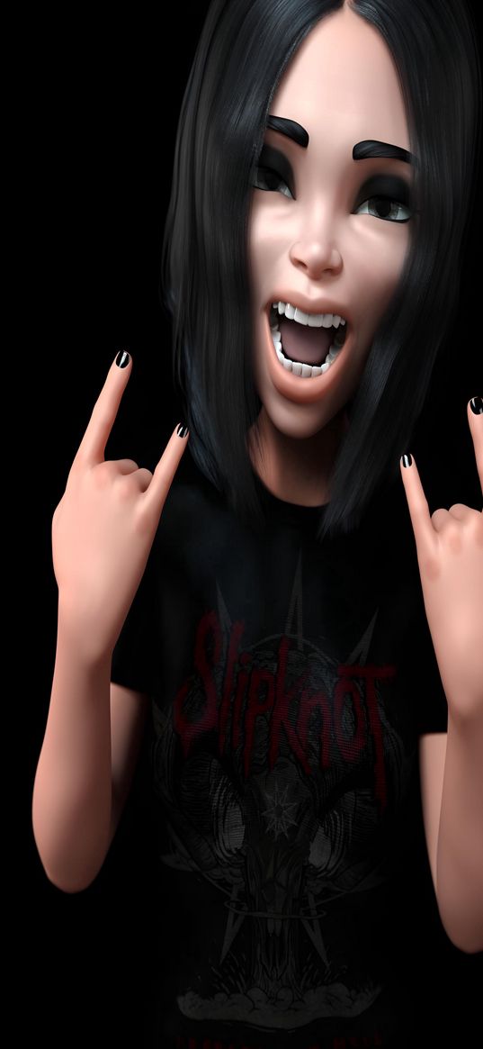 girl, brunette, fingers, gesture, slipknot, black background, digital art