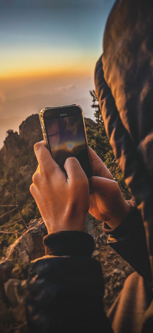 sunset, man, telephone, clouds, nature, portrait