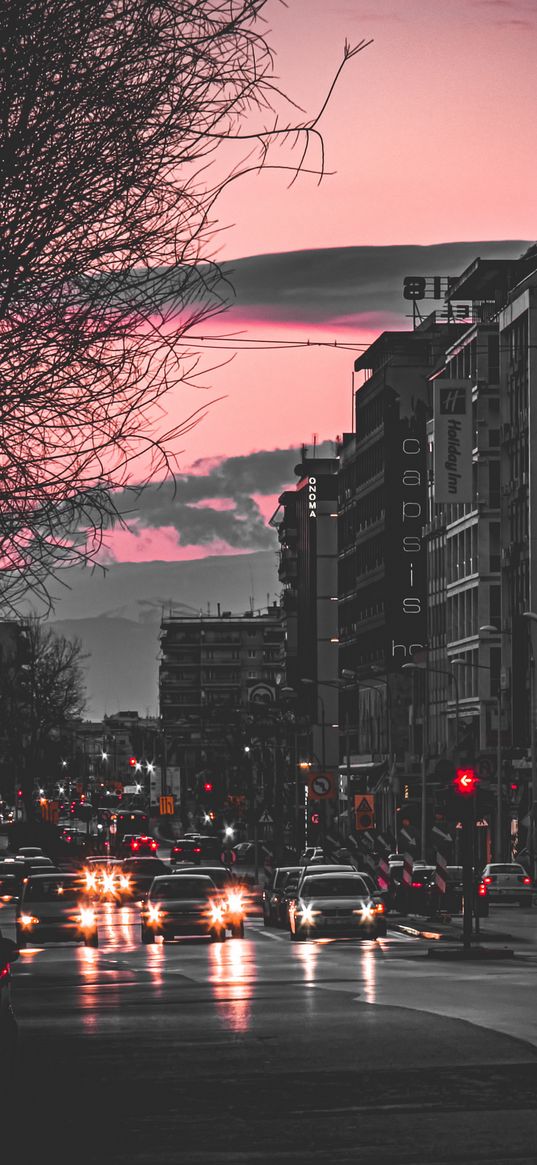 sunset, pink sky, city, cars, road, lights, buildings