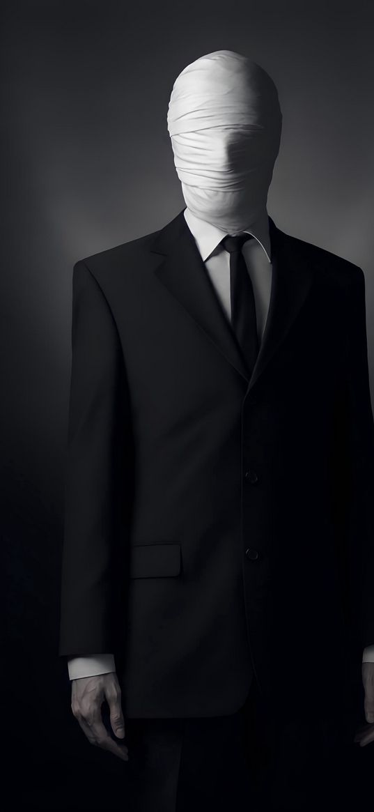 slenderman, man, bandages, no face, business suit, black and white