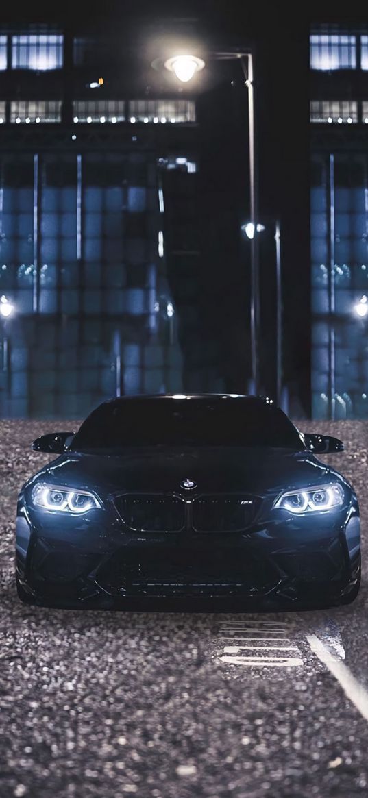 bmw, car, black, asphalt, lights, street