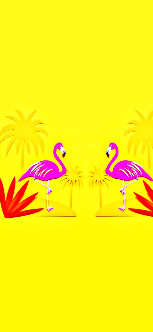 flamingos, pink, palm trees, yellow background, bright, saturated, art