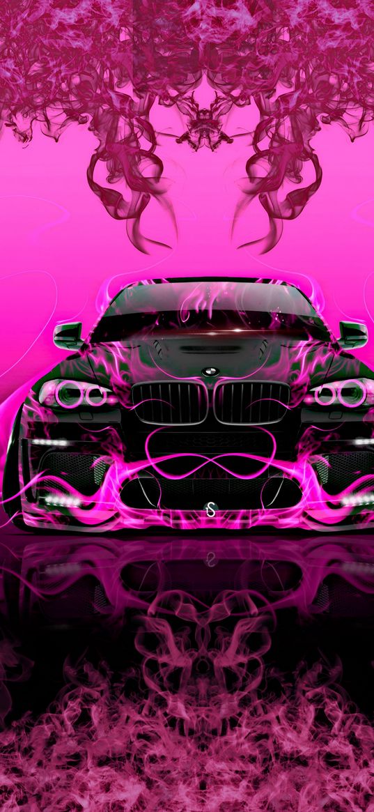 bmw, car, black, smoke, pink, flame, digital art