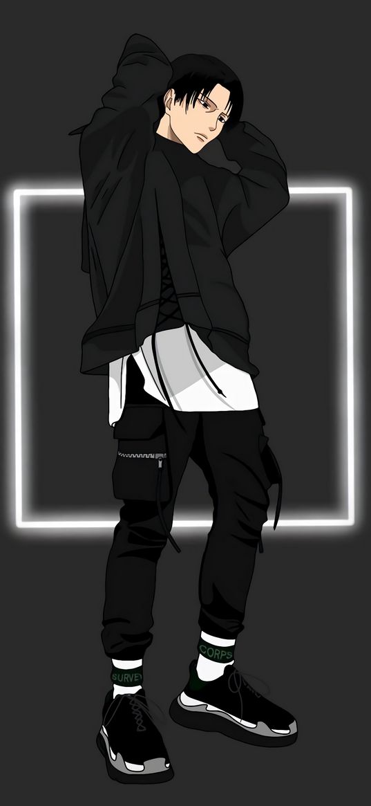 attack on titan, aot, anime, levi ackerman, modern, fashion, style, color, black, gray, art