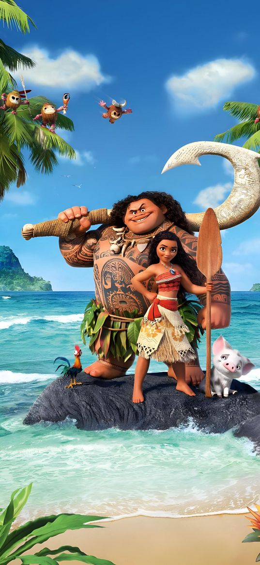 moana, characters, cartoon, disney, girl, man, poster