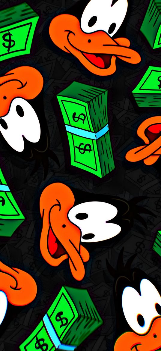 looney tunes, daffy duck, cartoon, duck, money, dollars, bills, black background