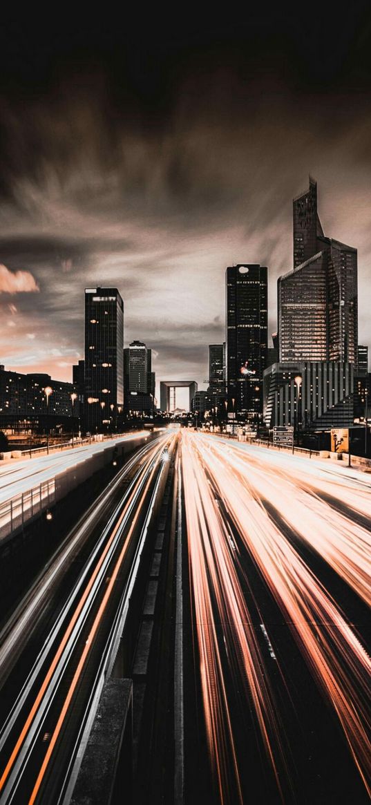 skyscrapers, moscow city, moscow, road, lights