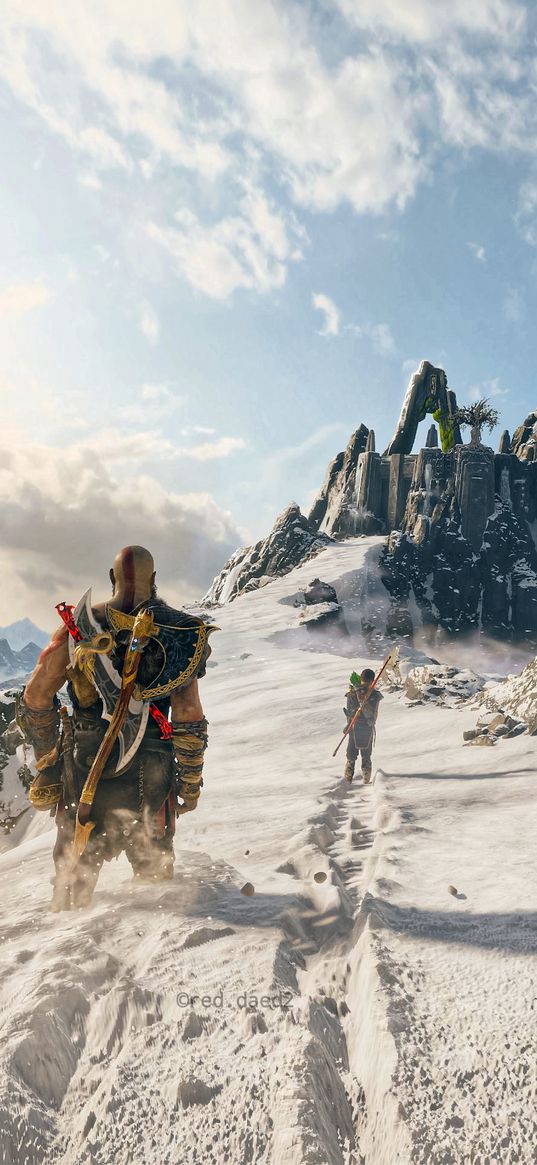 god of war, game, kratos, hero, winter, snow