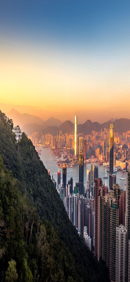 hong kong, china, city, skyscrapers, hill, sunset