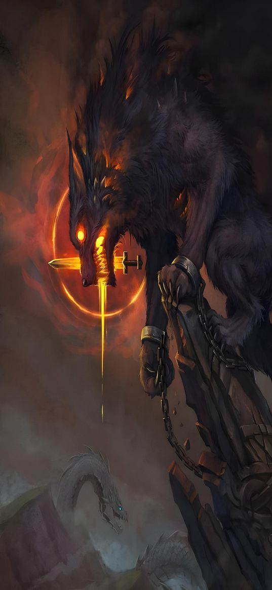 wolf, fenrir, sword, scandinavian mythology, art