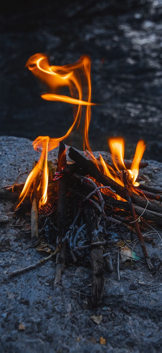 bonfire, fire, rock, water, twilight