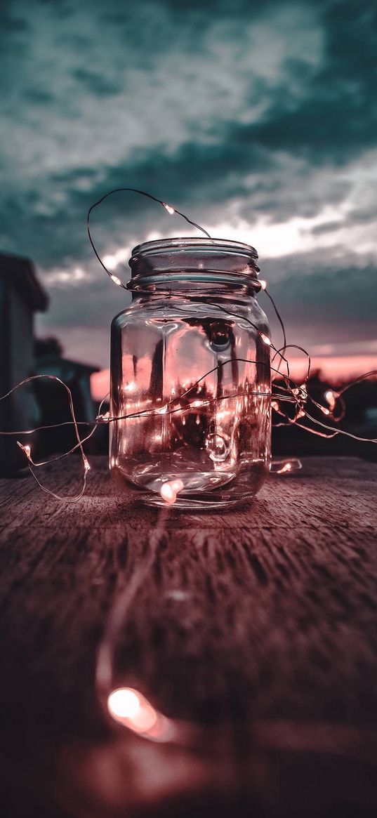 jar, vessel, garland, lights, light, sunset