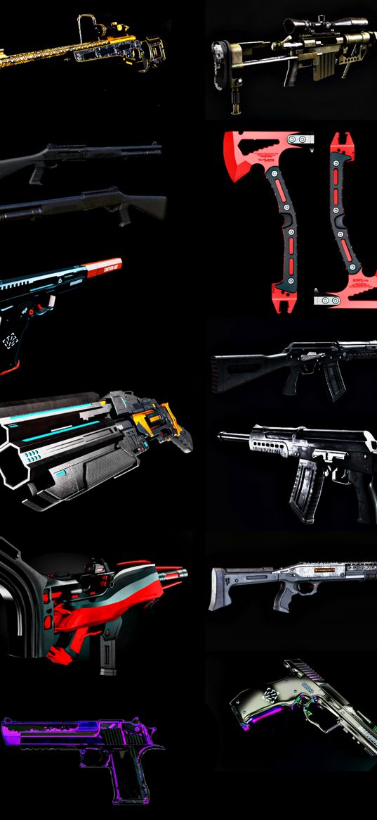 machine gun, axe, pistol, weapon, black background, digital art