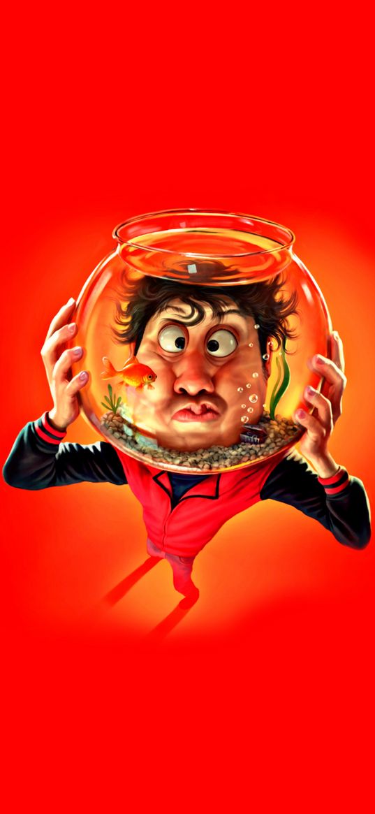 man, head, aquarium, fish, red background, digital art